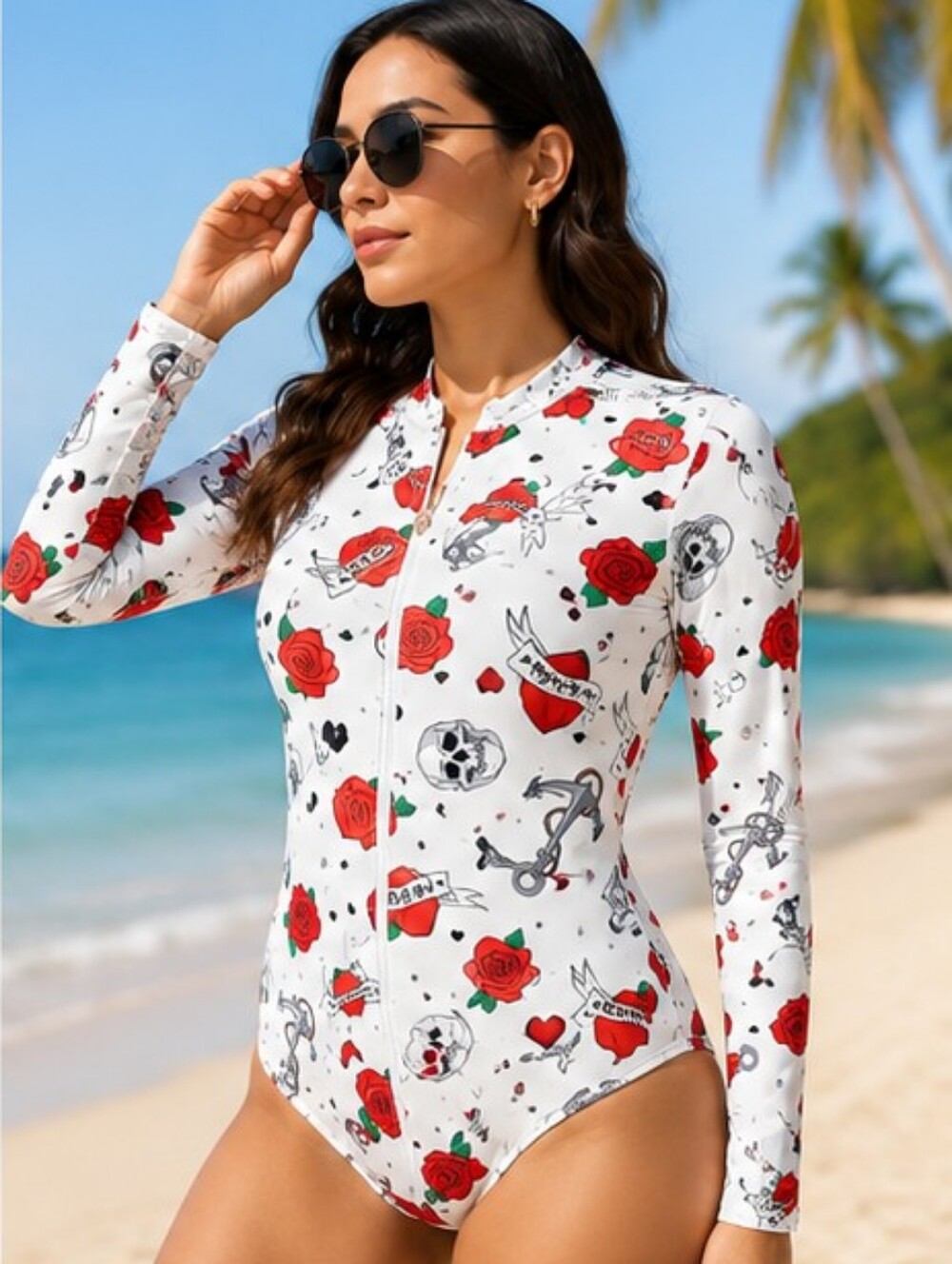 AS ROSE RICH RASH GUARD SWIMSUIT Roses & Skull White Long-Sleeve SIZE Medium NWT